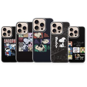 以下が含まれることがあります： ピーナッツの漫画に登場するスヌーピーが描かれた、黒い携帯電話ケースのコレクション。各ケースには、"Snoopy"や"Since 1950"などのテキストを含む、さまざまなスヌーピーのデザインが施されています。ケースは光沢のある仕上がりです。