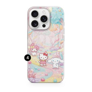 Puede incluir: Funda de tel&eacute;fono con un dise&ntilde;o de dibujos animados colorido. La funda tiene un borde transparente y presenta un paisaje caprichoso con elementos rosas, azules y verdes. El dise&ntilde;o incluye tres personajes: un conejito rosa, Hello Kitty y un perro blanco.