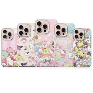 Puede incluir: Cinco fundas para tel&eacute;fono con dise&ntilde;os de personajes de dibujos animados coloridos. Las fundas presentan varios personajes, incluyendo Hello Kitty, y otras ilustraciones bonitas. Las fundas son rosas, blancas y azules.