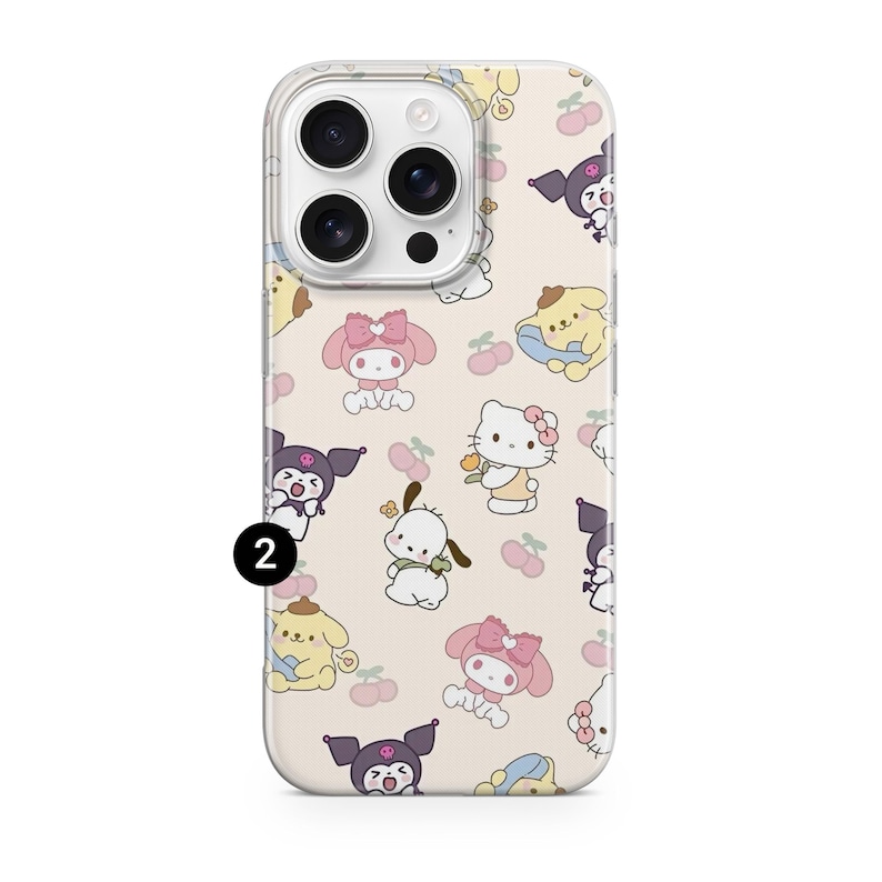 Puede incluir: Una funda de tel&eacute;fono con un patr&oacute;n repetido de personajes de dibujos animados en rosa, amarillo, morado y blanco sobre un fondo beige claro. La funda tiene un borde transparente y un recorte para la c&aacute;mara. Los personajes est&aacute;n en varias poses.