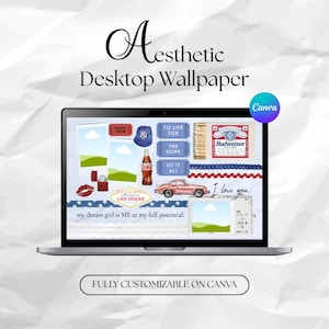 Peut inclure: Fond d'écran de bureau esthétique affiché sur un écran d'ordinateur portable. Le design comprend divers graphiques tels qu'une bouteille de Coca-Cola, une voiture vintage et le texte "I love you". Les mots "Fully Customizable on Canva" sont également visibles.