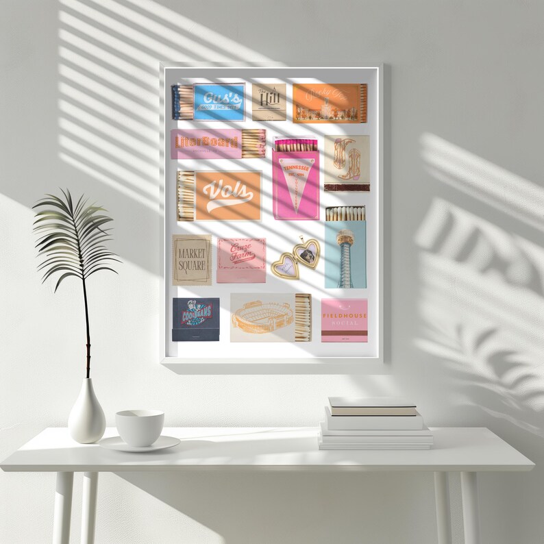Puede incluir: Un collage enmarcado de etiquetas de cajas de cerillas con varios dise&ntilde;os y textos, incluyendo "Vol's", "Market Square", "Coors" y "Telephone Square".