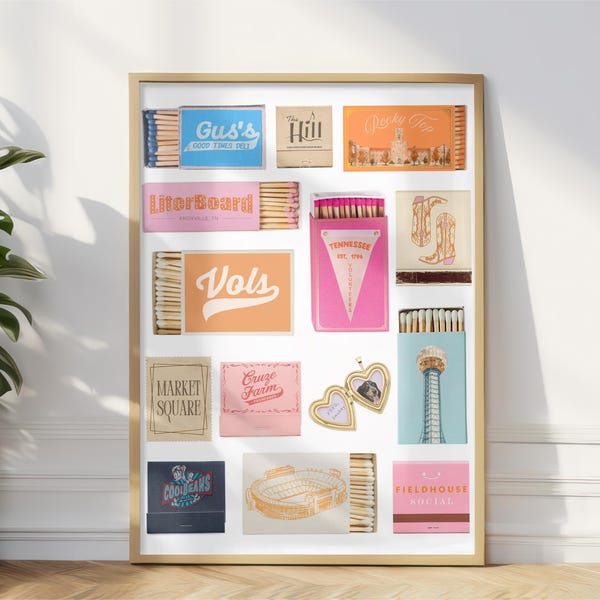 Digital nedladdning av University of Tennessee Matchbook-konst – Knoxville Collage, studentrumsdekor, väggkonst från UT Vols, heminredning i Tennessee, present