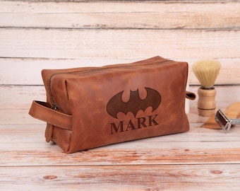 Custom Bat Inspired Leather Toiletry Bag - Personalized Engraved Dopp Kit