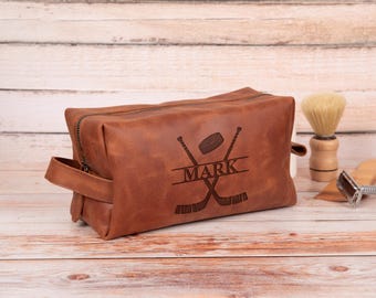 Personalized Leather Hockey Toiletry Bag: Personalized Dopp Kit