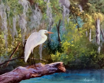 Egret Wildlife Animal Portrait art print.