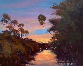 May include: A painting of a river scene at sunset with a single palm tree on the right side of the image. The river is calm and reflects the colors of the sky, which is a mix of purple, pink, and orange. There are trees on both sides of the river, and a few birds are flying in the sky.