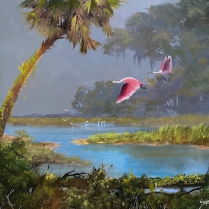 Florida Wildlife Spoonbills Animal Landscape Art Print
