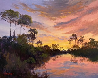 Florida Sunset among the Pines Landscape Art Print.