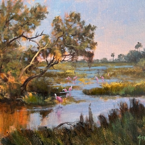 Florida Wetlands and Spoonbills Landscape Art Print
