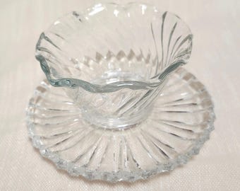 Clear Glass Mayonnaise Bowl Swirl Pattern with Etched Saucer Underplate