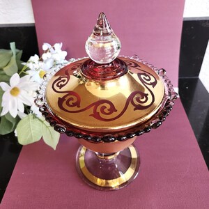 Paden City Glass Compote 555 Lidded Candy Dish Molded Ruby Flashed Gold Painted