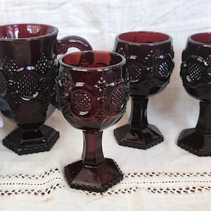 Avon 1876 Cape Cod Ruby Red Glasses & Pedestal Coffee Mug Set of 4