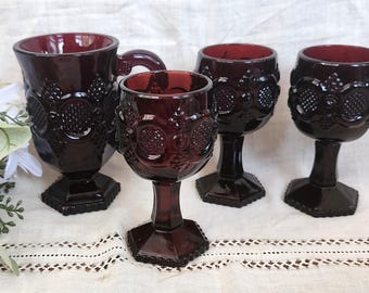 Avon 1876 Cape Cod Ruby Red Glasses & Pedestal Coffee Mug Set of 4