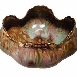 Vintage MCM USA Pottery Brown and Green Ceramic Drip Glaze Bowl