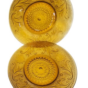 Vintage Duncan & Miller Pressed Glass Tiara Amber Sandwich Plates, Set of 2