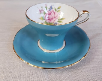 Aynsley Turquoise Cabbage Rose Teacup and Saucer, Corset Style, Gold Fluted, England