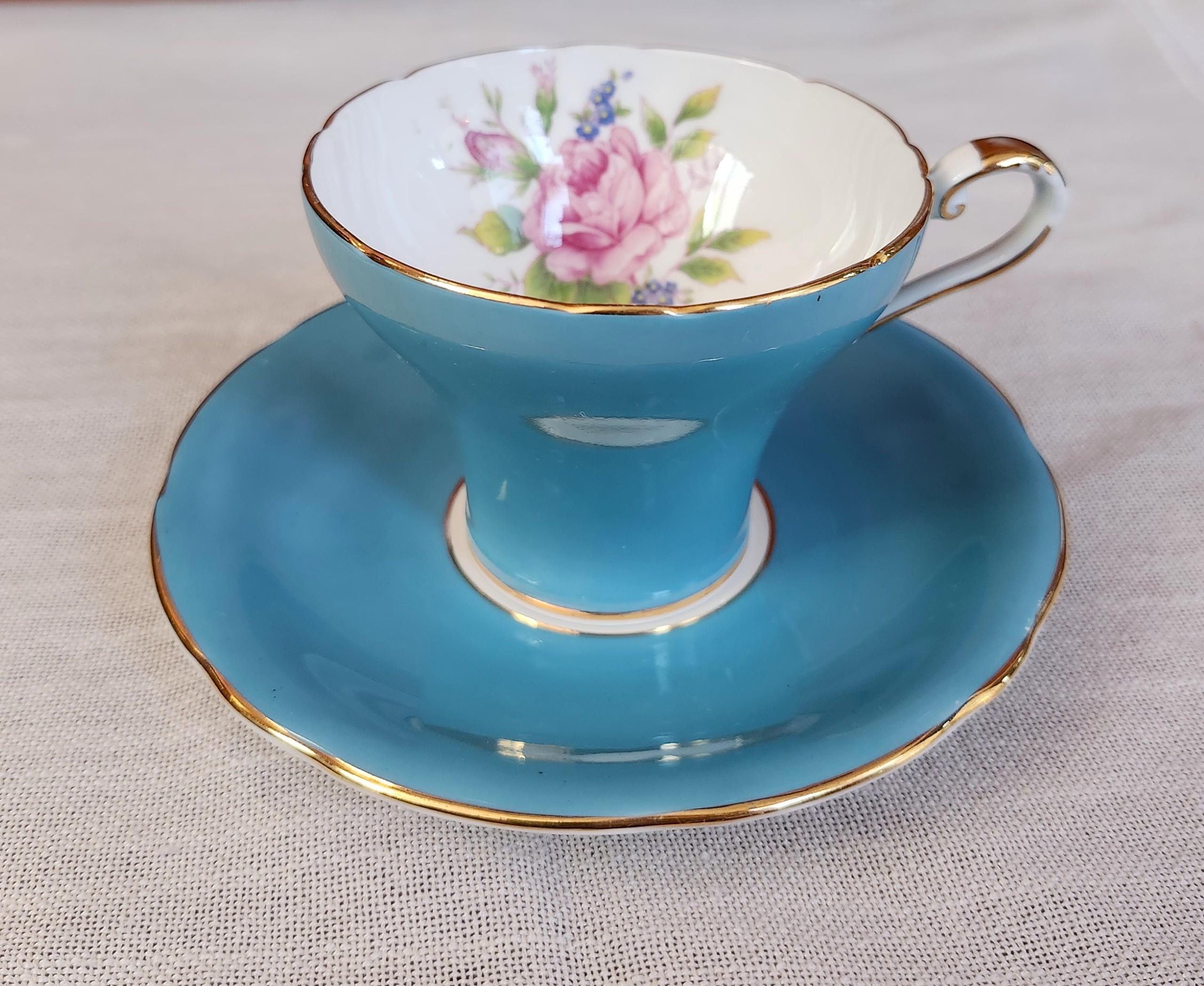Aynsley Turquoise Cabbage Rose Teacup and Saucer, Corset Style