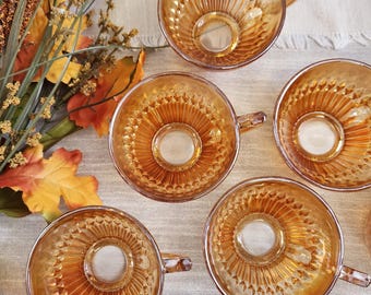 Marigold Jeannette Anniversary Carnival Glass, Iridescent Teacups set of 6