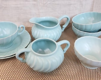 Franciscan Coronado Aqua Matte Teacups, Bread & Butter Plates, Creamer, Sugar Bowl