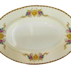 Pu&ograve; includere: Piatto ovale da portata con base color crema e design floreale. Il bordo presenta un bordo dorato con accenti neri. Il motivo floreale comprende fiori rosa, blu e gialli. Un pezzo decorativo per servire il cibo.