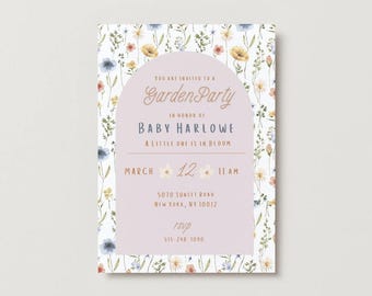 May include: A light pink floral baby shower invitation with a white border. The invitation reads "You are invited to a Garden Party in honor of Baby Harlowe. A little one is in bloom. March 12, 11 AM. 5010 Sunset Road, New York, NY 10012. RSVP 515-748-1090."