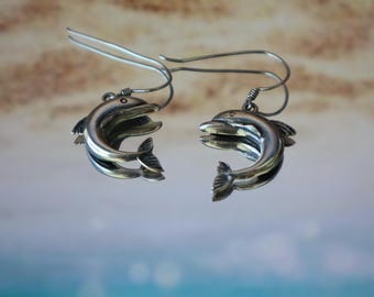High Relief Vintage Dolphin Drop Earrings