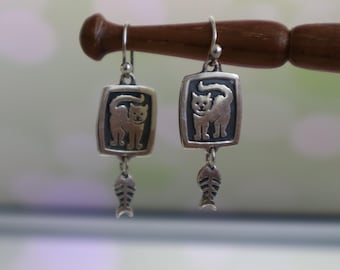Vintage Engraved Cat and Fish Dangle Earrings