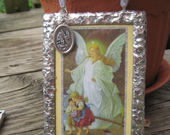 Children's Protection Guardian Angel Stained Glass Holy Card for Bedroom Night Time Blessings