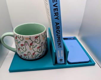 Organiseur de table de chevet 3-en-1 | Support pour livre/tablette + support pour téléphone + dessous de verre | Caddie de chevet | Station d'accueil minimale