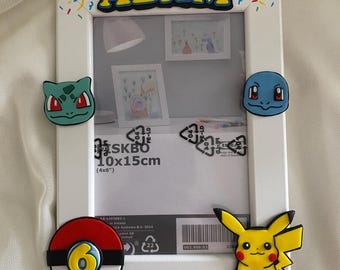 Personalized Pokémon Photo Frame - Custom Name Picture Frame with Pikachu, Bulbasaur, Squirtle, and Poké Ball Decoration - Kids Room Décor