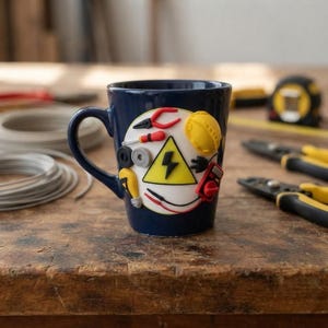 May include: A dark blue ceramic mug featuring a circular white emblem decorated with miniature 3D-style electrical tools and components, including a yellow lightning bolt warning sign, a yellow hard hat, pliers, a screwdriver, and a multimeter.