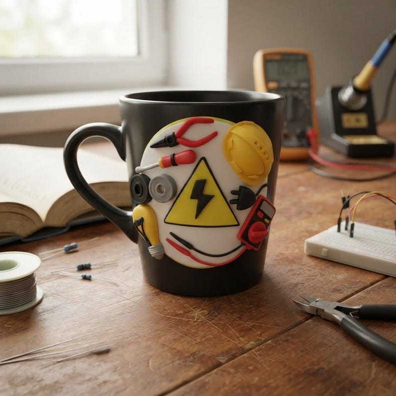 May include: A matte black ceramic mug featuring a circular white relief decoration on the front. The design includes a yellow triangle with a black lightning bolt, surrounded by miniature 3D icons of red pliers, a screwdriver, a lightbulb, and a multimeter.