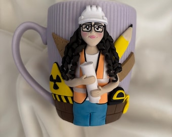 Personalized Engineer Mug: 3D  character , Handmade Polymer Clay