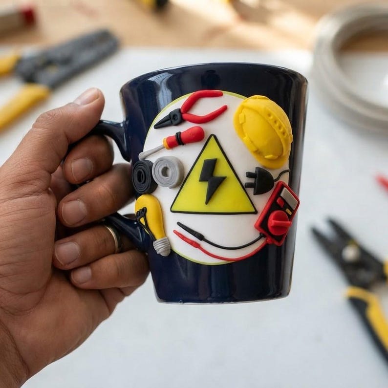 May include: A dark blue ceramic mug featuring a circular white emblem decorated with three-dimensional clay figures of electrical tools, including a yellow hard hat, a multimeter, a light bulb, pliers, a screwdriver, and a yellow lightning bolt.