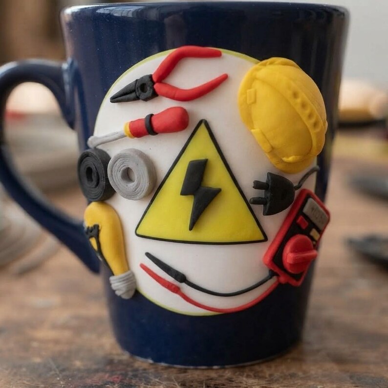 May include: A dark blue mug featuring a white circular emblem decorated with three-dimensional clay figures of electrical tools, including red pliers, a screwdriver, a yellow hard hat, a light bulb, a black electrical plug, and a red multimeter.
