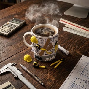 Puede incluir: Una taza de cer&aacute;mica blanca con un dise&ntilde;o 3D de herramientas de ingenier&iacute;a, planos y un casco amarillo, con el texto ENG. JANA en la base. La taza contiene caf&eacute; negro humeante, rodeada por una calculadora, un calibrador y planos de dise&ntilde;o.