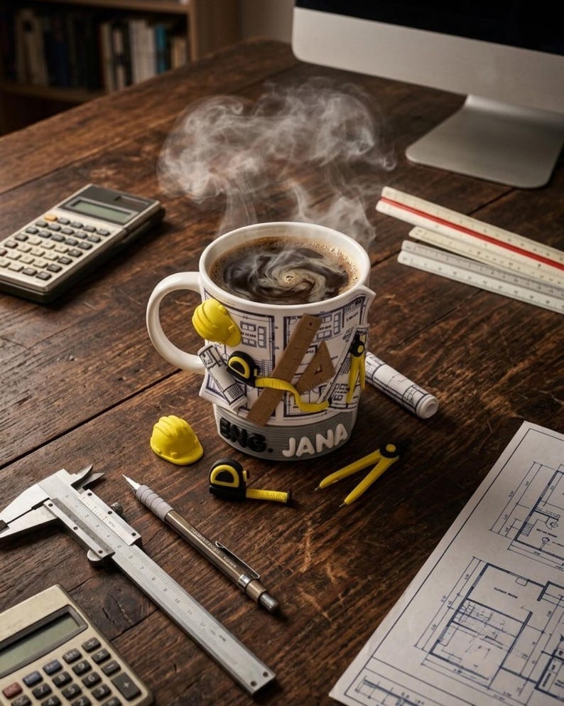 Puede incluir: Una taza de cer&aacute;mica blanca con un dise&ntilde;o 3D de herramientas de ingenier&iacute;a, planos y un casco amarillo, con el texto ENG. JANA en la base. La taza contiene caf&eacute; negro humeante, rodeada por una calculadora, un calibrador y planos de dise&ntilde;o.