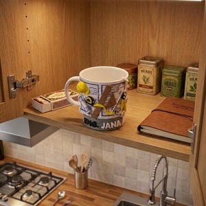 Puede incluir: Una taza de cer&aacute;mica blanca con un patr&oacute;n de plano arquitect&oacute;nico azul y adornos tridimensionales de herramientas de ingenier&iacute;a, incluyendo un casco amarillo, una regla y un comp&aacute;s. La base de la taza muestra el texto ENG. JANA.