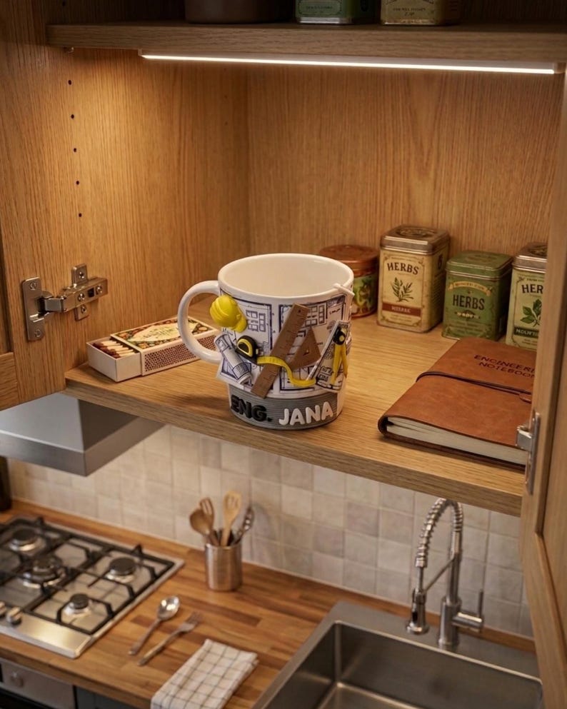 Puede incluir: Una taza de cer&aacute;mica blanca con un patr&oacute;n de plano arquitect&oacute;nico azul y adornos tridimensionales de herramientas de ingenier&iacute;a, incluyendo un casco amarillo, una regla y un comp&aacute;s. La base de la taza muestra el texto ENG. JANA.