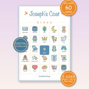 May include: A Joseph's Coat bingo game card featuring a grid of colorful icons including a Bible, well, corn, moon, Joseph, Pharaoh, crown, goat, dove, pyramid, silver cup, Jacob, sandals, praying hands, stars, camel, prison, scroll, throne, heart, bread, and cow.
