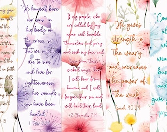 May include: Set of five floral bookmarks with inspirational quotes from the Bible. Each bookmark features a different verse in elegant script, set against a backdrop of watercolor flowers in shades of pink, purple, and yellow.