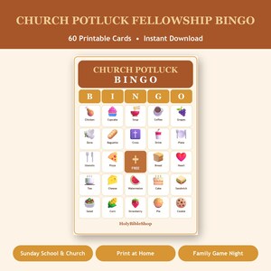 Kirche Potluck Gemeinschaft Bingo, 60 druckbare Bingokarten, christliche Kirche Potluck Gemeinschaft Spiel, Sonntagsschule & Kirche Aktivität