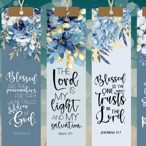 May include: Five rectangular bookmarks with floral designs in shades of blue and gold. Each bookmark features a different inspirational quote in white script, such as "The peace of God will guard your hearts."