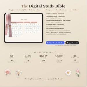 May include: A digital study Bible interface displayed on a tablet screen, featuring the King James Version, 66 books, 3,500+ hyperlinked pages, 20 study templates, 110+ stickers, and 8 ribbon bookmarks, with Google and Apple calendar integration buttons.