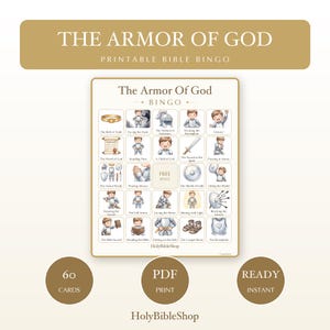 The Armor Of God Bingo | Printable Bible Bingo Game for Kids | 60 Cards Sunday School VBS Christian Watercolor PDF