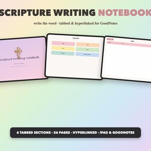 Könnte beinhalten: Ein digitales Notizbuch zum Schreiben von Schriftstellen für GoodNotes, dargestellt auf drei Tablet-Bildschirmen. Die Oberfläche zeigt einen pastellfarbenen Hintergrund, ein Kreuz-Symbol, eine Inhaltsseite mit sechs farbigen Reitern.