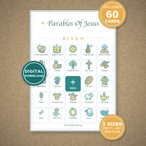 Op de afbeelding: Een Parables Of Jesus Bingo-spelkaart met een raster van vijfentwintig iconen die bijbelse thema's vertegenwoordigen. De kaart bevat tekstlabels voor elk icoon, een centrale vrije ruimte en ronde badges met de tekst Includes 60 Cards, Digital Download en 2 Sizes Print 1 Or 2 Per Page.