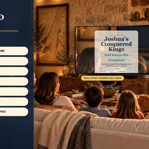 Puede incluir: Un juego de equipo bíblico interactivo digital titulado Joshua's Conquered Kings: God Keeps His Promises. El gráfico enumera características que incluyen 15, 30 o 50 rondas, niveles de dificultad y juego sin conexión, mostrado en una pantalla.