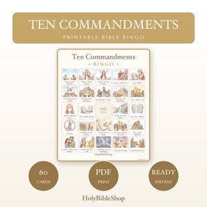 May include: A Ten Commandments printable Bible bingo game card featuring a grid of twenty-five squares with illustrations of biblical scenes, including Moses, the golden calf, and tablets. The card includes a free space and text labels.
